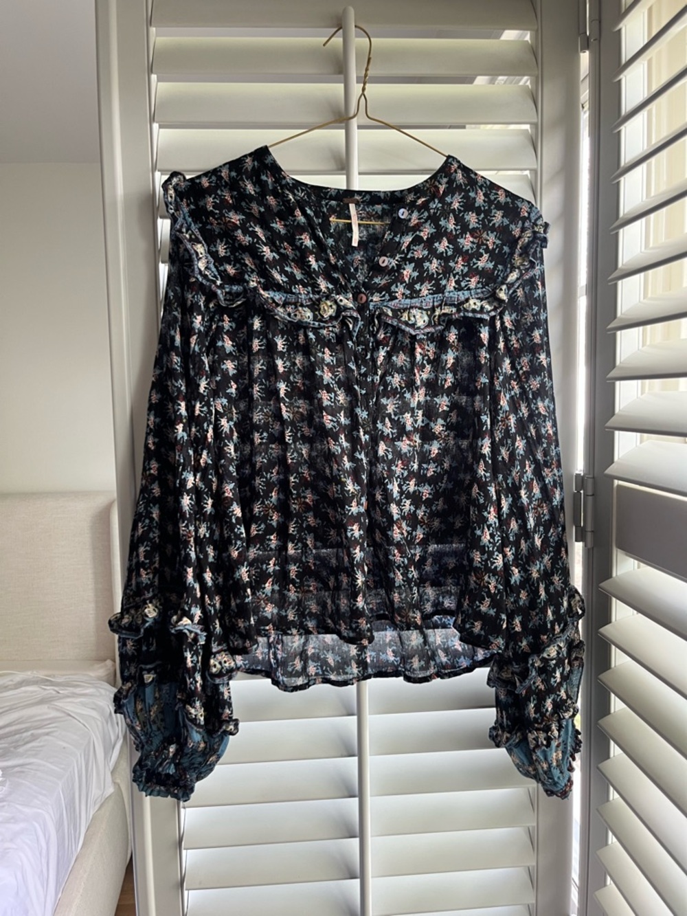 Free People Black Floral Ruffle Blouse